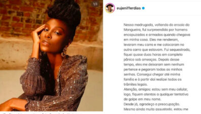 Atriz Jeniffer Dias é sequestrada após ensaio de Carnaval